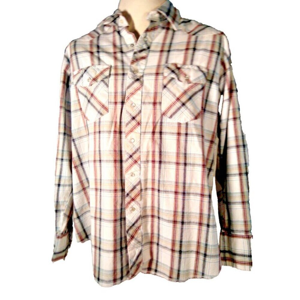 Wrangler‎ Western Shirt Mens XXL Brown Plaid Pearl Snap Long Sleeve Cotton